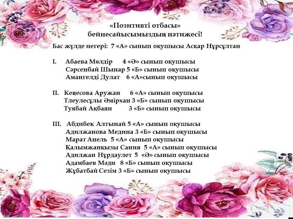 Жеңістеріңіз құтты болсын!  Диплом мен медальдарыңызды келіп алып кетсеңіздер болады.